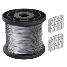 1/16 Wire Rope,304 Stainless Steel Wire Cable,50m/164ft Length Aircraft Cable,7x7 Strand Core,368lbs/167kg Breaking Strength with 100 Pcs Aluminum Crimping Clamps Loop Sleeve