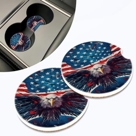 SAYOUZ Cup Holder Coasters Eagle with USA Flag Car Coasters for Cup Holder,2Pcs Universal Anti Slip Car Coaster with Finger Notch and Cork Base Removable Auto Accessories for Woman