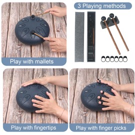 Steel Tongue Drum, Horse 8 Inch 8 Tones Tank Drum C Key Percussion Steel Drum Kit with Drum Mallets Note Stickers Finger Picks Mallet Bracket and Gig Bag(6 Inch 8 Tones Dark Blue)