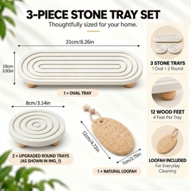 3PCS Water Absorbing Stone Tray, Instant Dry Sink Tray with Wooden Feet, Diatomite Stone Sink Tray for Kitchen Counter, Stone Drying Tray for Soap Dispenser & Sponge, Bathroom Counter Organizer