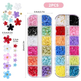 Gaivek 2 Pack 3D Flower Nail Art Charms Set, 12 Grids Spring Blossom Nail Decorations with Gold and Silver Beads, 5-Petal Floral Nails Accessories for DIY Manicure Design