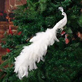 Glitter White Peacock Christmas Tree Ornaments with Metal Clips 16inch Feathered Turquoise Peacock Long Tail Artificial Birds Hanging Decorations Xmas Gift Wedding Home Party Decor (1pcs, White)