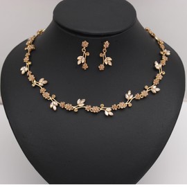 QLLYHLH Brides Bridesmaid Flower Leaf Choker Necklace Dangle Earrings Link Bracelet Austrian Crystal Wedding Jewelry Set for Prom Costume Party Accessories for Woman(Champagne-Gold Plated)