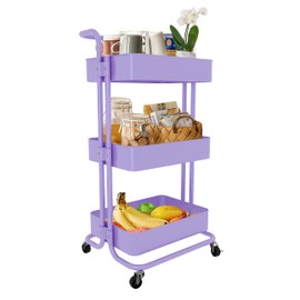 Mzzelry 3-Tier Metal Rolling Cart with Wheels, Utility Storage Cart, Multifunctional Organizer Storage for Office, Bedroom, Kitchen, Bathroom, Laundry (Purple)