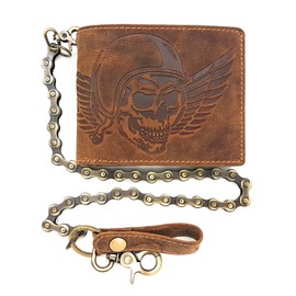 Biker Wallet Horizontal with Solid 50 cm Bicycle Chain Vegetable Tanned Hunter Leather Wallet Skull Brown S, brown, coin purse
