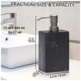 2Pcs 15Oz Black Marble Style Resin Soap Dispenser Set, Refillable Hand Soap Dispenser for Bathroom Countertop & Kitchen Home Decor- Black