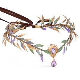 MOSTORY Forest Elf Crown for Renaissance Cosplay, Purple and Gold Leaf Headpiece for Woodland Fairy Costume Women