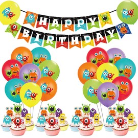 Monster Party Decorations - Monster Birthday Balloons Happy Birthday Banner Cupcake Toppers for Monster Party Supplies
