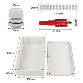 CPROSP Junction Box Waterproof IP65 Wet Room Boxes Surface-Mounted Junction Box 230 x 150 x 85 mm for Diameter 6-12 mm with 10x Cable Glands with Hole Saw 20 mm