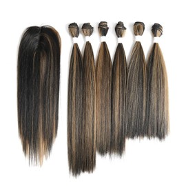 X-TRESS Highlight Balayage Synthetic Hair Bundles with Closure Yaki Straight Weft Weave Ombre Honey Blonde Swiss Lace Hair Extension Heat Friendly