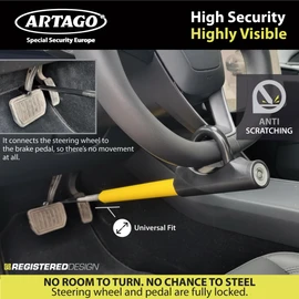Artago 871A/B Steering Wheel Brake Pedal Lock, Yellow, Key Lock, Made in Europe, High Security, Adjustable Length, Easy Hook System