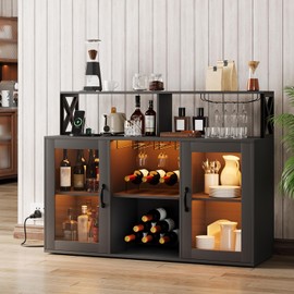 Curtainboro Wine Bar Cabinet, Farmhouse Liquor Cabinet with Led Light and Power Outlets, Bar Cabinet for Home with Wine Racks and Glass Holder for Kitchen, Dining Room, Living Room, Black