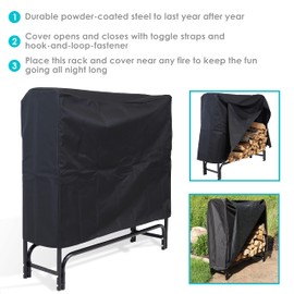 Sunnydaze Outdoor Firewood Log Rack and Cover Combo Set - Black Powder-Coated Steel and PVC - Black Fabric - 4-Foot