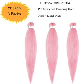 Pre Stretched Braiding Hair Extensions 3 Packs 26 Inch Pink Braiding Hair Synthetic Braids Hair Extension for Women Hot Water Setting(26Inch,Pink)