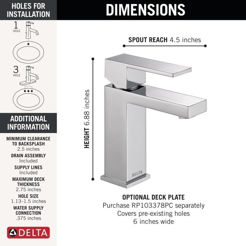 Delta Modern Matte Black Bathroom Faucet 1 Hole, Single Hole