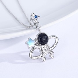 MOPOPOK Astronaut Necklace S925 Sterling Silver Lapis Lazuli Astronaut Spaceman Dreams Necklace Astronomy Jewelry for Women Birthday Graduation