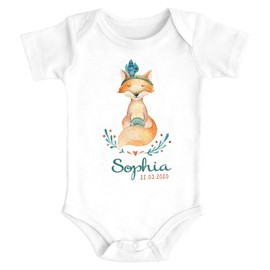 SpecialMe® Baby Bodysuit with Name and Date Print Boho Fox Gift for Birth Short Sleeve Organic Cotton, Fox Boho White