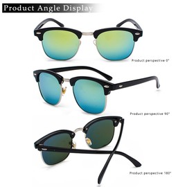 EJDHA Retro Half Frame Sunglasses Black Gold UV Protection Mirrored Lenses, Black/Green Reflective, Unit size