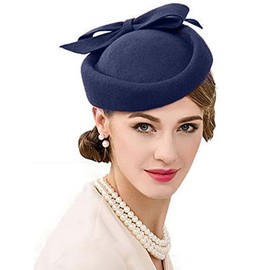 Wool Felt Vintage Fascinator Winter Women Elegant Pillbox Hat Bowknot Derby Church Hat Retro Fedoras, Navy Blue, Medium