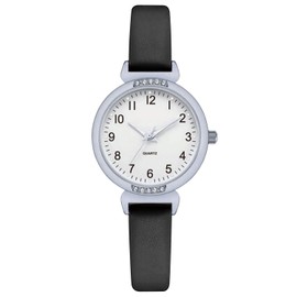 NUOVO Women's Black Watch with Silver Dial, Diamonds, Arabic Numerals, Waterproof, Casual Style, Leather Strap, Analog Display