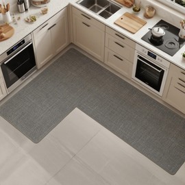 SMILEGIF Anti-Slip Corner Kitchen Rug, 1 Piece L-Shaped Floor Mats,Super Absorption Linen Corner Mat for Home,Kitchen (Grey Right-L, 31''X47''X18'')