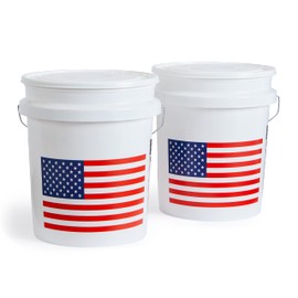 United Solutions 5 Gallon Bucket, Heavy Duty Plastic Bucket, Comfortable Handle, Perfect for on The Job, Home Improvement, or Household Cleaning, White with USA Flag, Pack of 2