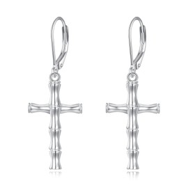 Bamboo Earrings Sterling Silver Cross Dangle Drop Earrings Christian Religious Jewelry Gifts for Women