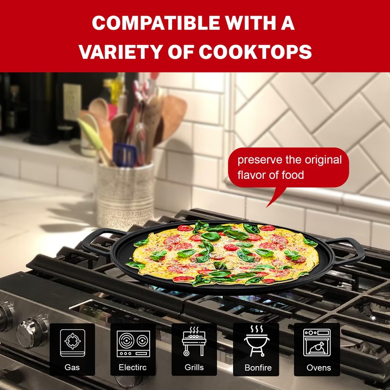 GGC Cast Iron Pizza Pan for Baking, 14" Round Griddle