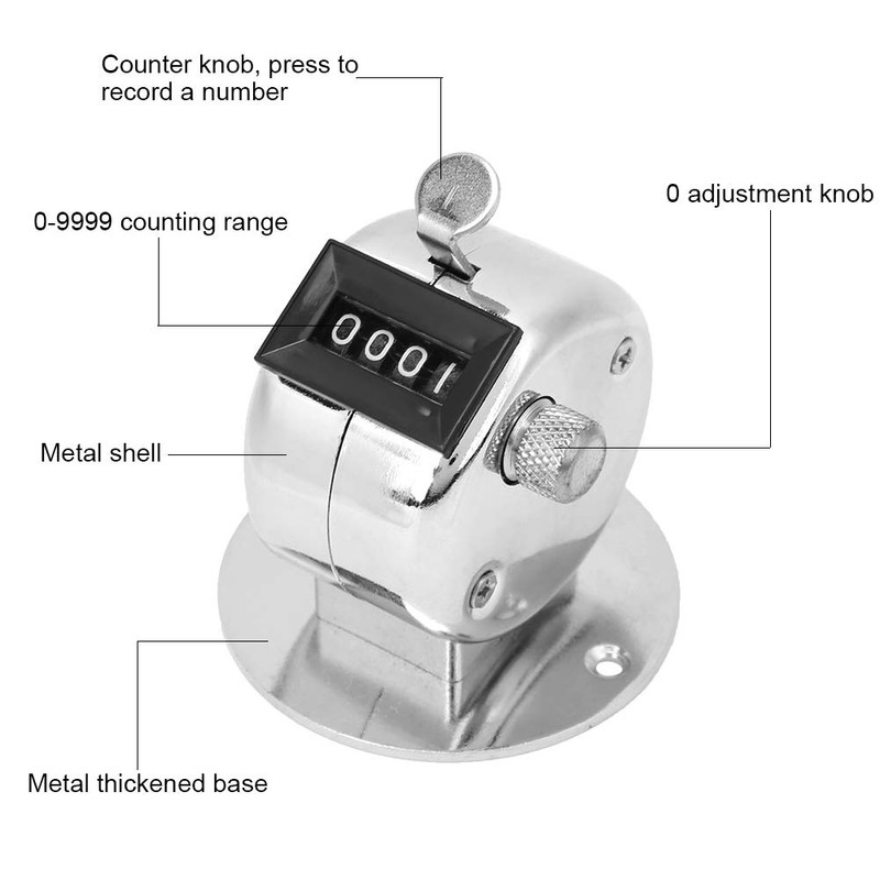 Hand Counter, Berm Counter 4-Digit Silver Hand Counter with Base
