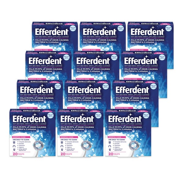 Efferdent Retainer Cleaning Tablets, Denture Cleaning Tablets for Dental Appliances, Essential Clean, 20 Count, 12 Pack