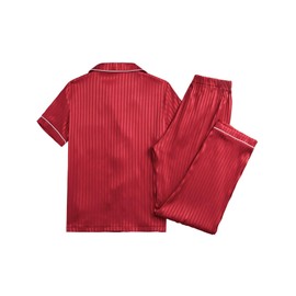 Vrtige Women's Satin Striped Pajama Set Short Sleeve Top with Pants Loungwear PJs Set Burgundy Small