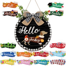 Glenmal 16 Pcs Seasonal Interchangeable Dachshund Door Welcome Sign Cute Wooden Dog Welcome Sign for Front Door Rustic Replaceable Home Porch Sign for Fall Autumn Christmas(Black with Plaid Frame)