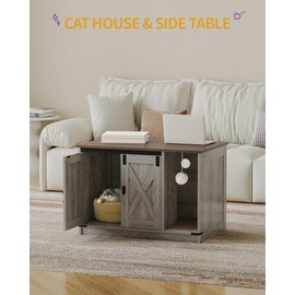 Hzuaneri Cat Litter Box Enclosure, Hidden Litter Box Cabinet Furniture with Cat Bell, Indoor Cat House, Farmhouse Style, 31.5 x 19.7 x 20.9Inches, for Hallway, Bedroom, Light Ivory and Brown CB82405X