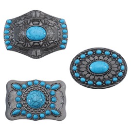 CHGCRAFT 3 Pcs 3 Styles Turquoise Belt Buckle Alloy Belt Buckles for West Cowboy Belt Fastener Rectangle Oval Antique Silver Western Belt Buckles for Women