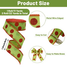 Christmas Wired Ribbon 22 Yards 1.5 Inch Christmas Red Green Dots Ribbon 2 Rolls Christmas Glitter Ribbon Christmas Tree Ribbon Polka Dots Burlap Ribbon for Christmas Decoration, DIY Crafts (Green)