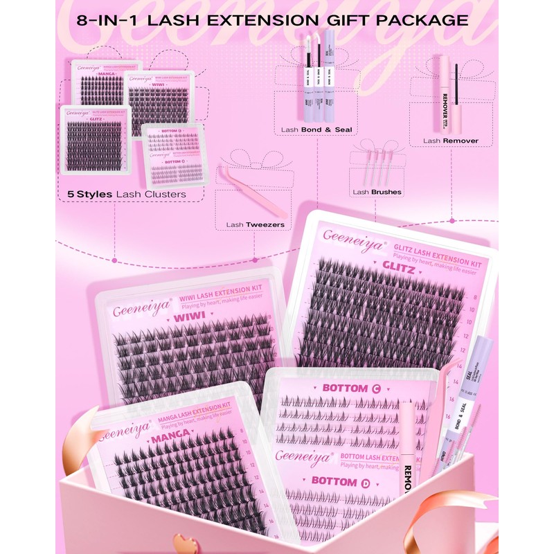 5 Styles Lash Clusters Kit, GLITZ/MANGA/WIWI/BOTTOM Cluster Eyelash Extensions, 3D