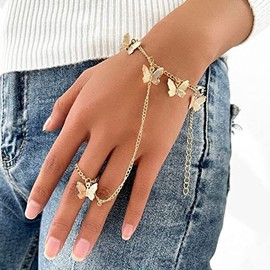 BETHYNAS Boho Butterfly Tassel Bracelet with Slave Finger Ring Gypsy Butterfly Pendant Hand Harness Bohemian Ring Hand Chain Bracelet for Women Girls (Gold)