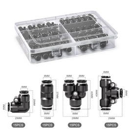 Innfeeltech 60 pieces 8 mm black push-to-connect pneumatic fitting kit, 15 straight, 15 splitters, 15 angles, 15 T-types quick release pneumatic connector