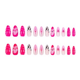 Press on Medium Nails Almond Shaped Glossy Full Cover Pointed Almond Acrylic French False Nails with Designs Artificial Almond Fake Nails with Charms Glue Stick ons Fingernails for Women(YLW754)