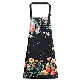 WANGTAO Women's Apron, Floral Pattern, Waterproof Apron, Adult, Cute, Stylish, Adjustable, Cafe Apron, Neck Hanging, Pocket, Wrinkle Resistant, Cooking, Cafe, Nursery Teacher, Popular, Black