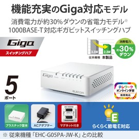 Elecom EHC-G05PA4-JW Switching Hub, Gigabit Compatible, 5 Ports, Magnetic Included, AC Power, White