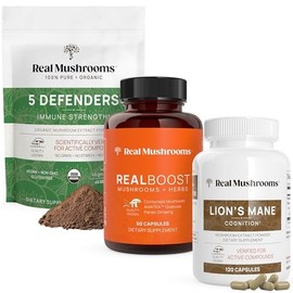 Real Mushrooms RealBoost (60ct), Lions Mane (120ct) & 5 Defenders (90ct) Capsules Bundle - Mushroom Supplement for Energy, Vitality, Cognition & Immune Strength - Vegan, Non-GMO