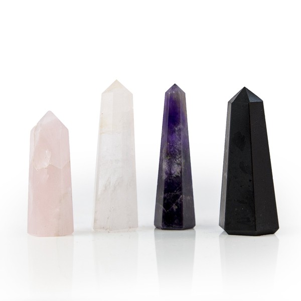 Beverly Oaks Crystal Obelisk Set Featuring Deep Purple Amethyst, Clear Quartz, Rose Quartz and Black Tourmaline - Powerful Gemstone Healing Wands