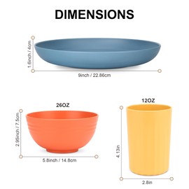 HOTEC 20-Pack Unbreakable Kitchen Plastic Wheat Straw Dinnerware Set – BPA-Free Plates, Bowls & Cups | Lightweight, Microwave & Dishwasher Safe | Multicolor Reusable Tableware for Home & Outdoor Use