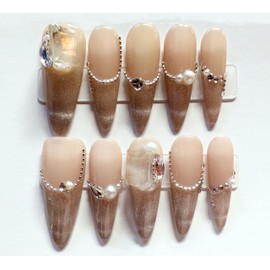 M·Q NAIL,Press on nails,Pink ink graffiti tips long nails,Hand drawn,Includes 48 jelly glue and 2 cuticle sticks and 2 rubbing strips (Cat's eye french, S)