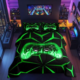 Feelyou Kids Gamer Comforter Set,3D Video Gaming Bedding Set Twin Size for Teens Boys,Green and Black Game Console Comforter,Geometric Game Contoller Bed Set All Season for Game Lovers