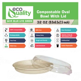 32 oz Disposable Compostable Fiber Oval Burrito Bowls with Dome Lids Heavy-Duty, Eco-Friendly Natural Bagasse Unbleached, Heat Resistant, Biodegradable Paper Salad Bowls Alternative to Plastic (50)