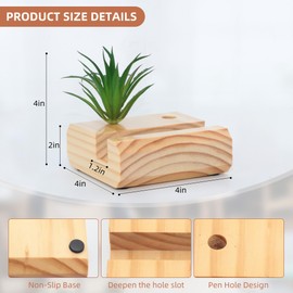 Airve Wood Business Card Holder with Succulent Plant and Pen Holder, Office Decoration and Storage. Wood color