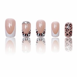 BABALAL Press on Nails Medium Square Fake Nails Cheetah French Tip Glue on Gyaru Nails Acrylic Nails Supplies 24Pcs Squoval Manicure Rhinestone Charm Bling Stick on Nails Diy Glossy Artificial Nails
