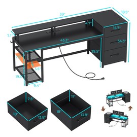 SEDETA 59" Office Desk with Drawers, Reversible Computer Desk with File Drawers & Storage, Gaming Desk with LED Lights & Power Outlet, Home Office Desks for Printer, Black